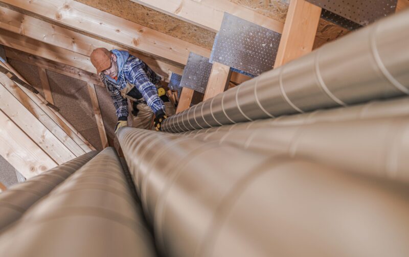 Residential Air Ventilation Pipeline Building. Worker Preparing Metal Air Vent Pipes.