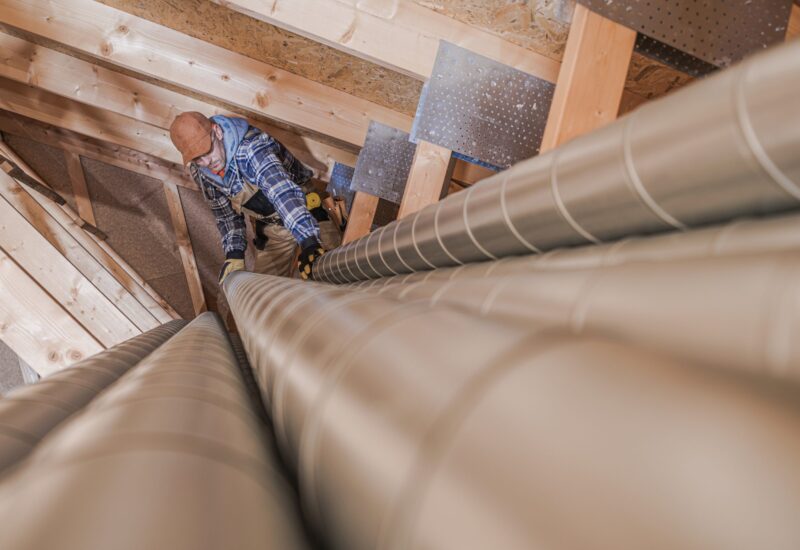 Residential Air Ventilation Pipeline Building. Worker Preparing Metal Air Vent Pipes.